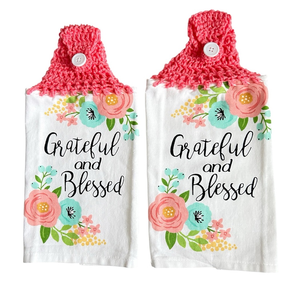 Hand Crafted Floral Hanging Kitchen Hand Towels Colorful Grateful and Blessed
